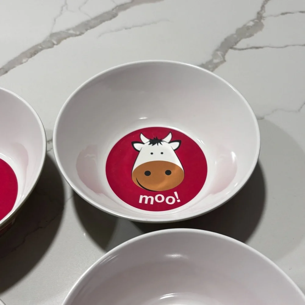 Plastic Green White Red Farm Themed Bowls Set Of 4 Dessert Cups Cow Horse Barn